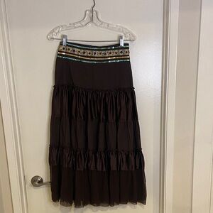 Elegant Brown Tiered Skirt with Embellished Waistband